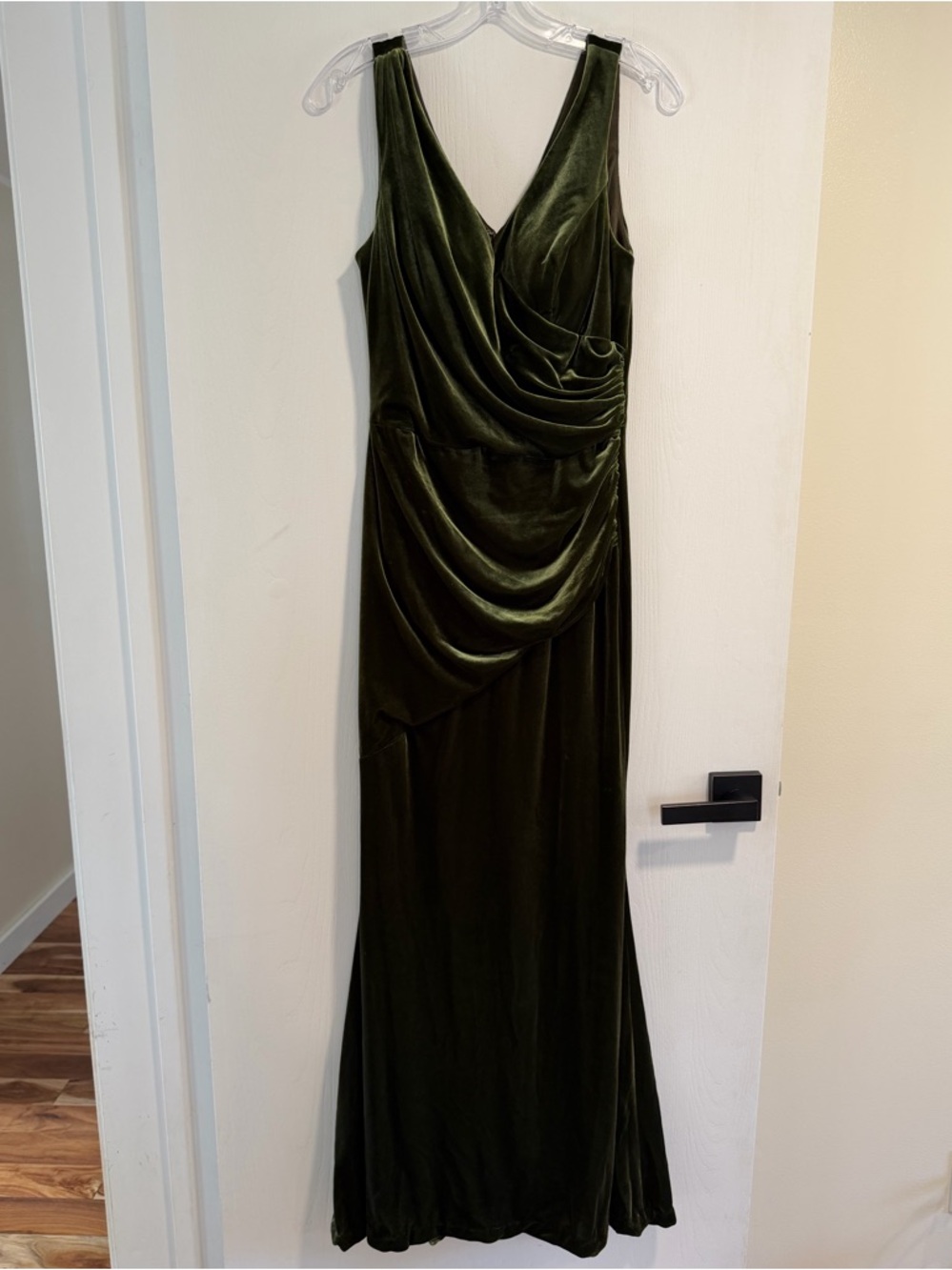 Revelry Olive Green Velvet Draped V-Neck Maxi Dress